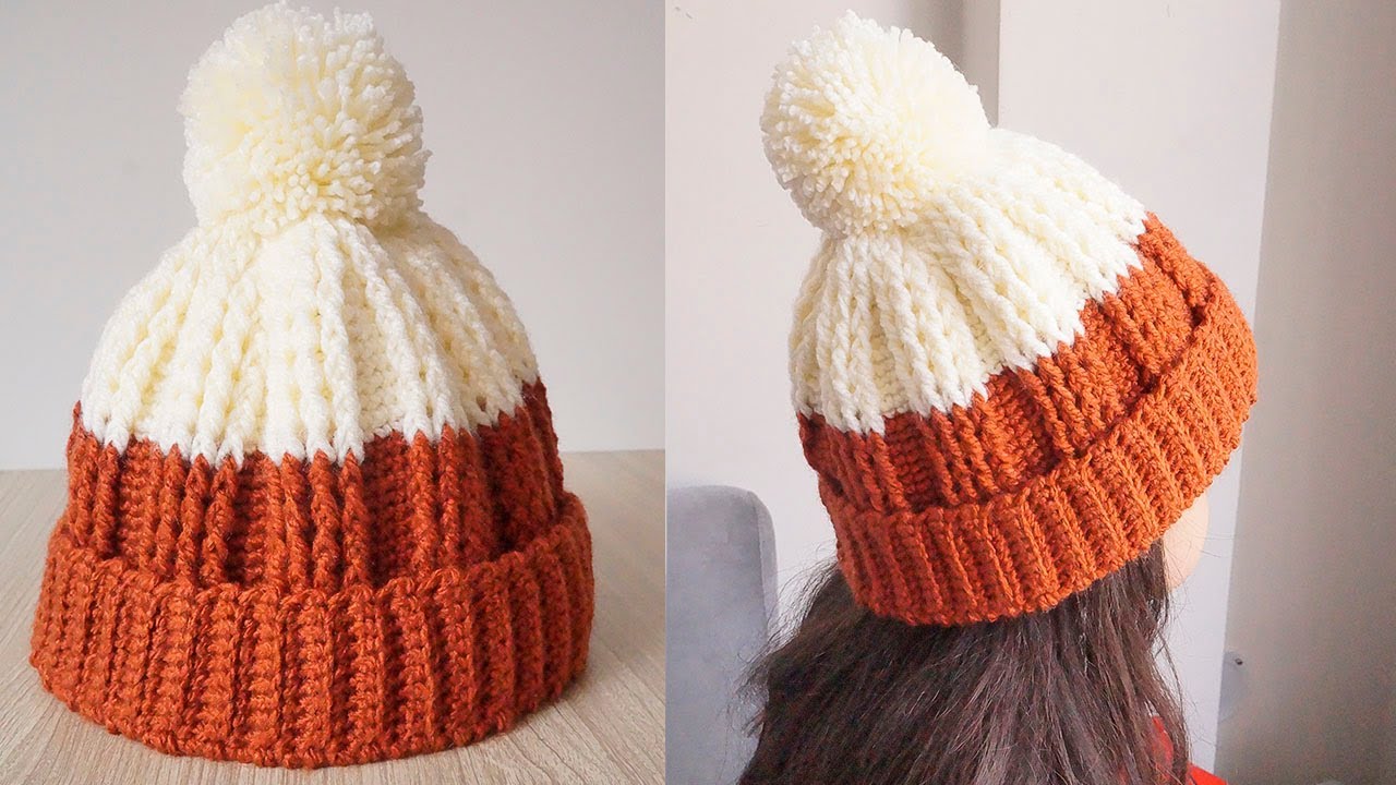 Crochet Two-Tone Ribbed Pom-Pom Beanie: Double the Style