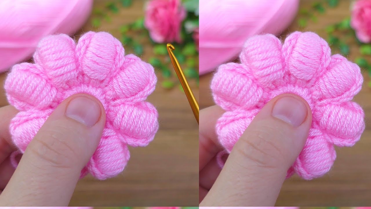 🌸 Puffy Crochet Flower in Pink – Easy & Beautiful!