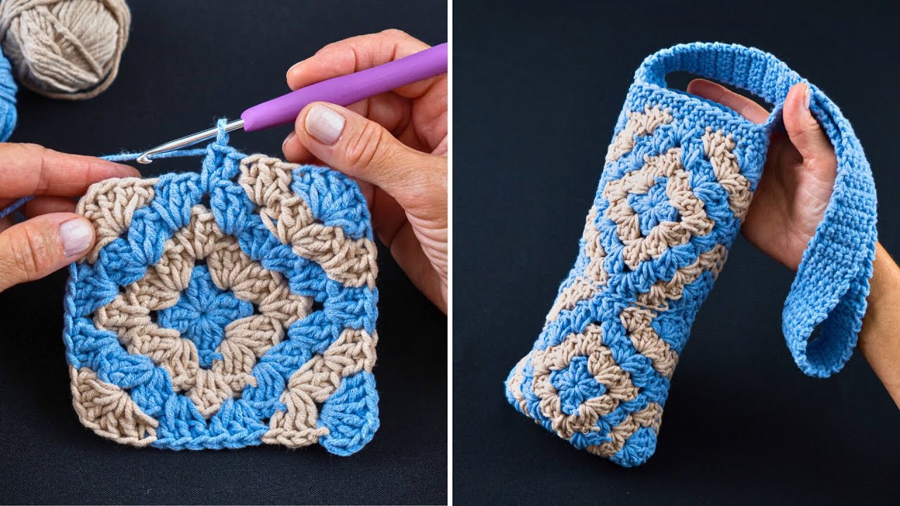 How to Crochet Granny Squares Bottle Bag🧶